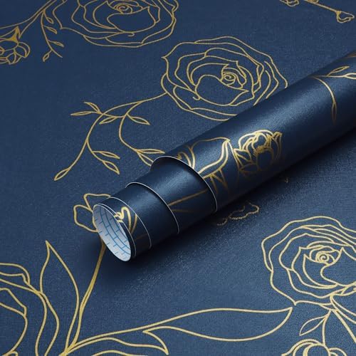 Safiyya 118"x17.3" Peel and Stick Wallpaper Gold and Blue Contact Paper Floral by SAFIYYA