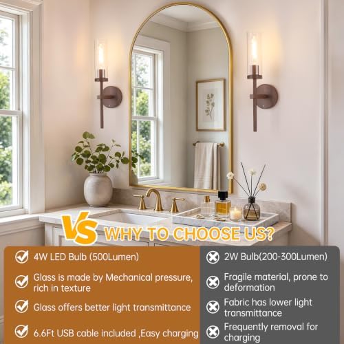 Shenmoyl Battery Operated Wall Sconces Set of 2, Walnut Color Rechargeable Wall - Image 4