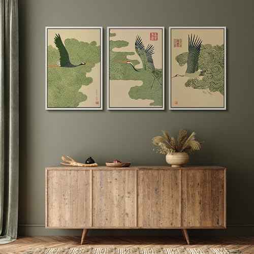 MUDECOR Framed Canvas Print Wall Art Japanese Crane and Cloud Traditional Green - Image 5