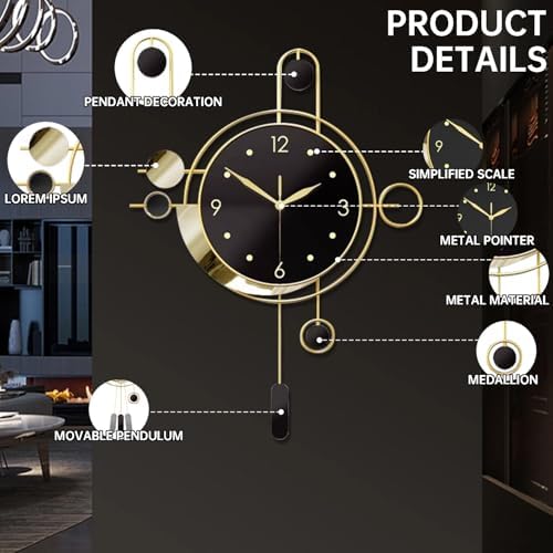 Wall Clock with Pendulum, Silent Non Ticking Battery Operated Modern Large Wall - Image 2