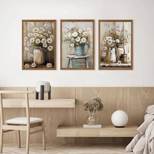 DUWQU Triptych Rustic Farmhouse Daisy Framed Canvas Wall Art 20x30 inch x3 - Image 3