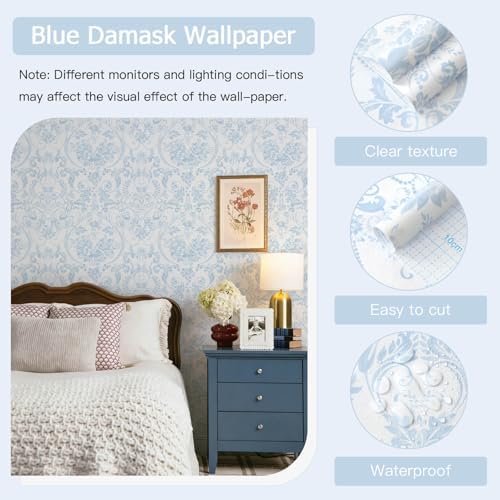 Peel and Stick Wallpaper for Bedroom Blue and White Damask Waterproof - Image 3