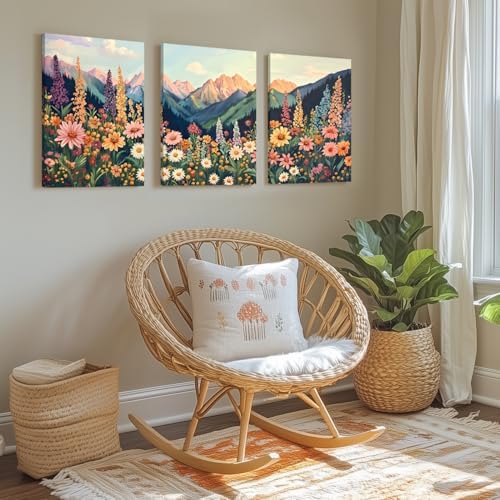 Hianan Wrapped Canvas Boho Moutain Wildflower Wall Art Set of 3, 16x24 in - Image 4