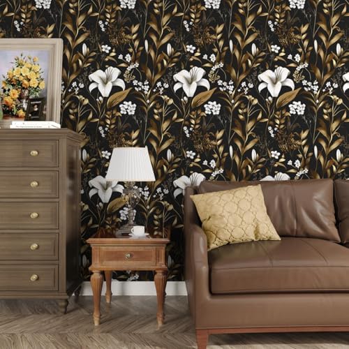 Laatse Vintage Dark Black Golden Floral Peel and Stick Wallpaper 17.5"x197" - Image 2