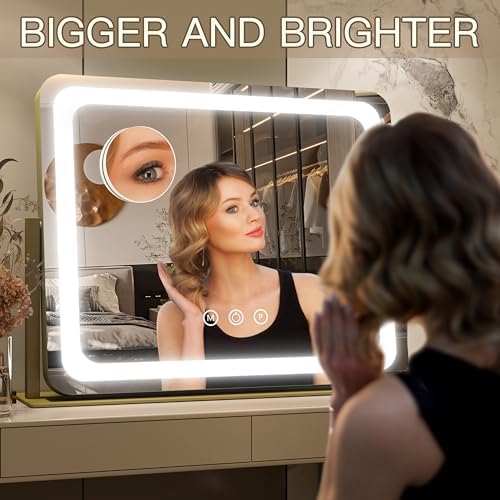 FENNIO Gold Vanity Mirror with Lights 22"x17", LED Lighted Makeup Mirror - Image 3