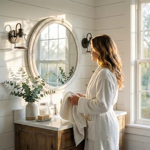 Solid Wood 30 Inch Round Beaded Bathroom Mirror, Distressed White - Image 4