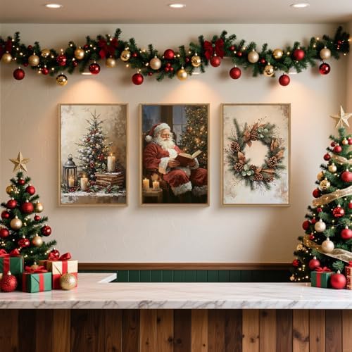 HOURIA Vintage Christmas Tree Santa Claus Framed Canvas Wall Art Set, Rustic - Image 3