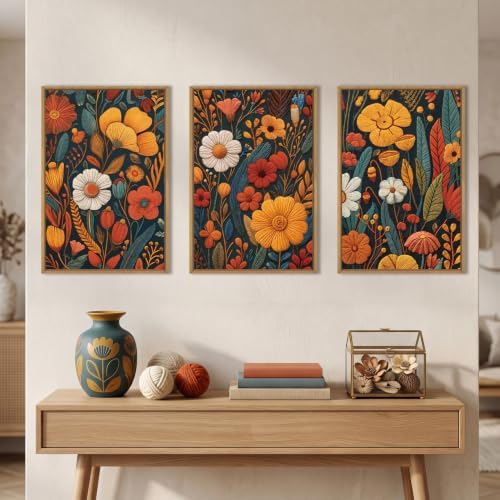 Large Boho Floral Framed Canvas Wall Art Set 16"x24"x3 - Image 2