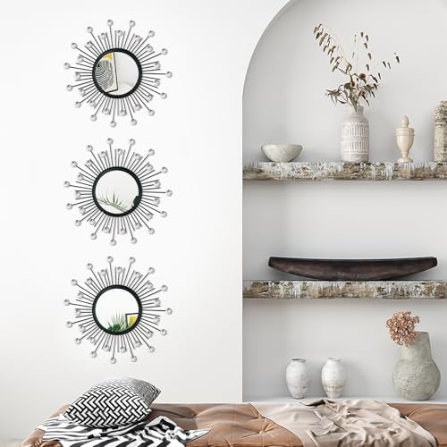 3 Pack Metal Mirrors for Wall Sunburst Wall Mirror Black Crystal Wall Art - Image 4