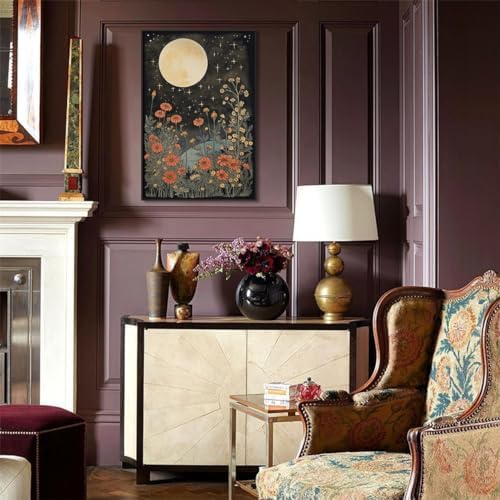 Vintage Moon Flowers Canvas Wall Art, Retro Mystical Celestial Moon Poster - Image 5