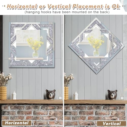 Square Hollow Crushed Diamond Decorative Mirror, 20”x20” Silver Crushed Diamond - Image 4