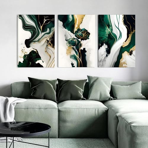 EJPFOGV Triptych Green and Gold Floral Wrapped Canvas Wall Art 20x30 in x3 - Image 4