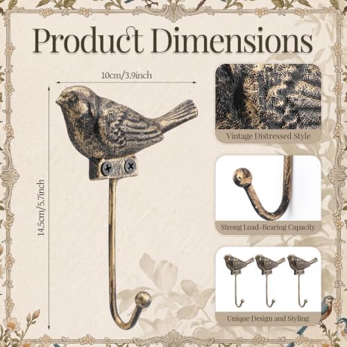 Hicarer 3 Pcs Cast Iron Bird Antique Gold Wall Hooks - Image 2