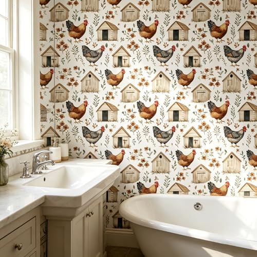 BOKEBEVE Farmhouse Wallpaper Peel and Stick Chicken Cottage 17.5 x 118In - Image 5