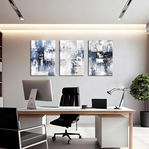 Abstract Blue and White Wall Art Set of 3, Modern Simple Navy Framed Canvas - Image 6