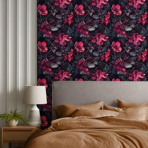 REDAMANCY Dark Black Red Pink Floral Grey Modern Flowers Leaf Peel and Stick - Image 6