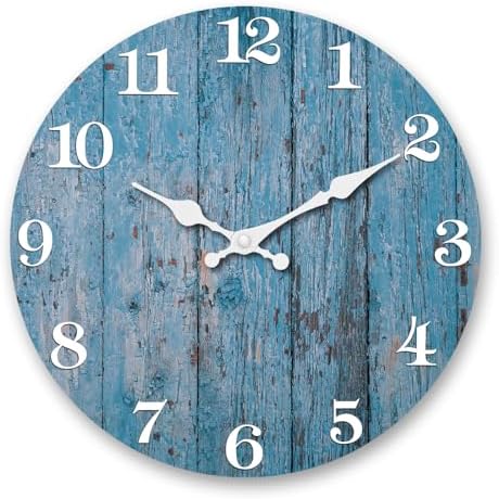 XFM Blue Farmhouse Wooden Wall Clock Battery Operated Silent by XFMWallClock