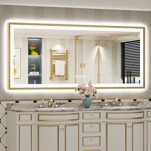 77x36 Gold Beveled LED Lighted Bathroom Mirror, Backlit & Front Lit by Awandee