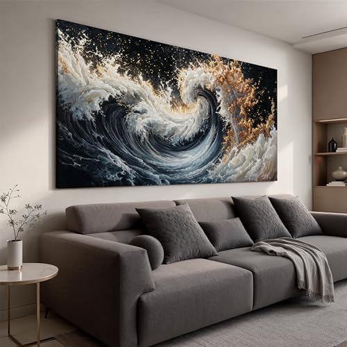 YISXINOAG Blue Gold Ocean Wall Art Coastal Abstract Painting Canvas 24"X48" by YISXINOAG