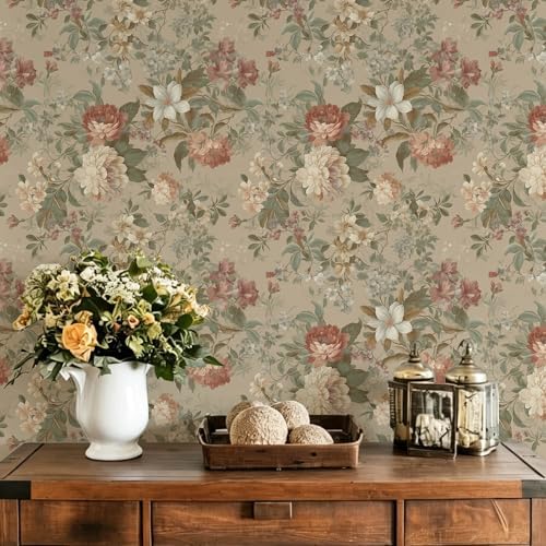 Peel and Stick Wallpaper for Bedroom Vintage Red Floral Self-Adhesive by Fiula