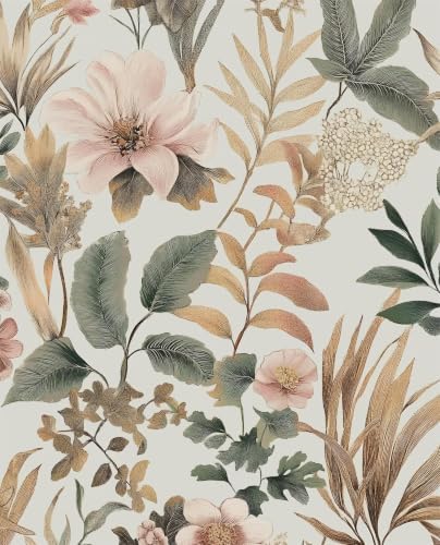 Laatse Vintage Pink Green Gold Floral Botanical Wallpaper 17.5''x118'' by Laatse