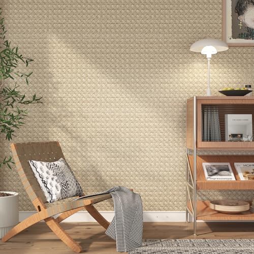 FunStick Tan Brown Rattan Wallpaper Peel and Stick Cane Webbing Wicker Weave - Image 7