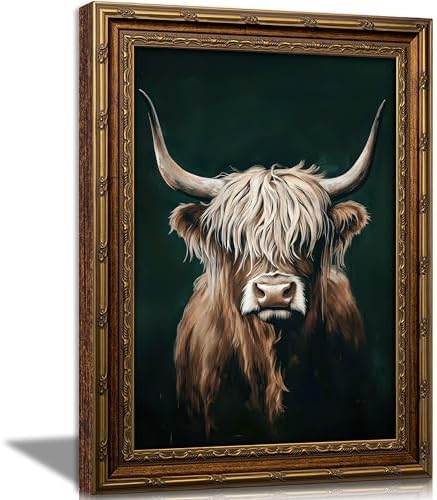 Vintage Gold Framed Canvas Wall Art, Retro Farmhouse Dark Highland Cow Painting by VintageGoldFramedWallArt