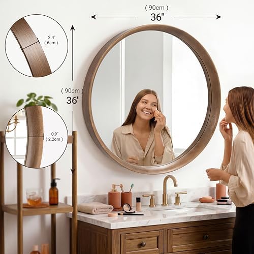 Brakki Round Wall Mirror with Wood Frame - Image 2