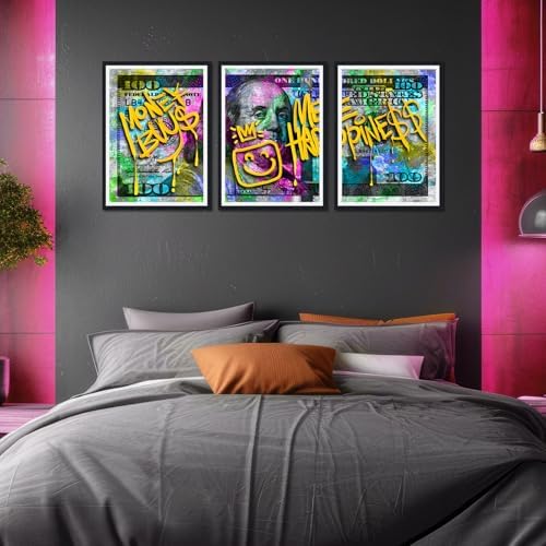 Black Framed Canvas Wall Art 100 Dollar Money Buy Me Happiness Painting 3 Panels - Image 4
