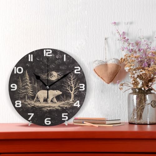 ABLINK Grunge Bear in Forest Round Wall Clock, Silent Non Ticking Oil Painting - Image 2