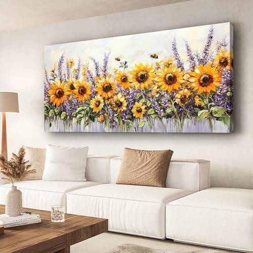Abstract Sunflower and Lavender Picture Print Canvas Wall Art Living Room by HaichuangDecorArt