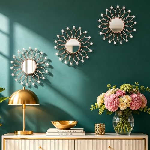 3 Pack Wall Metal Mirrors Sunburst Wall Mirror Rose Gold Crystal Wall Art - Image 4