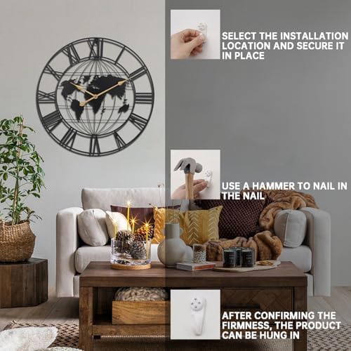 SIN&MI Large World Map Wall Clock, Metal Minimalist Modern Clock, Round - Image 6