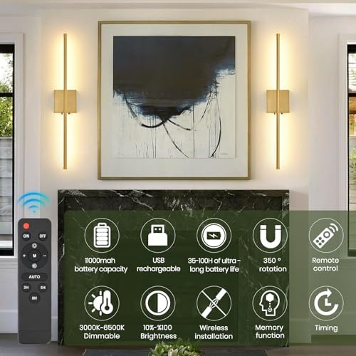 Rechargeable Battery Operated Wall Sconces, 11000mAh Wireless Brushed Gold Wall - Image 2