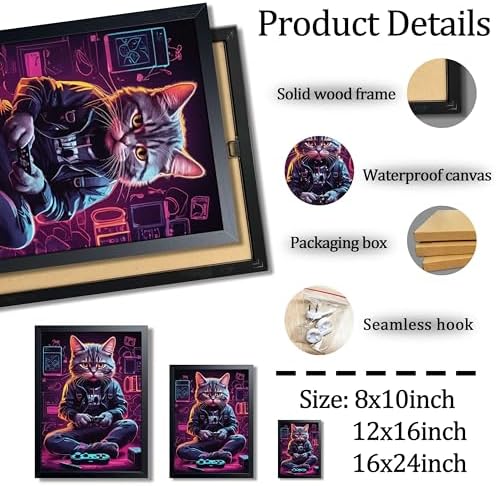 Framed Gamer Cat Canvas Wall Art, Kitten Playing Video Game Wall Decor - Image 4