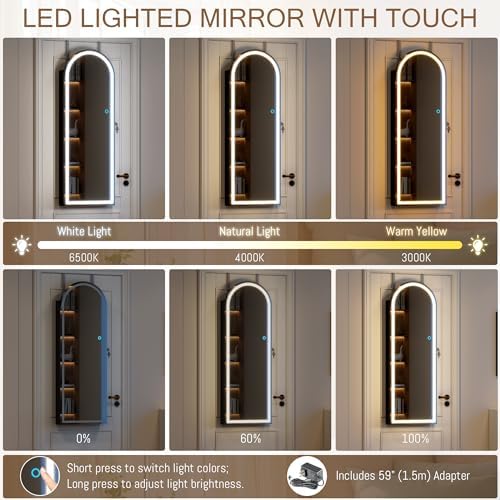 LVSOMT Arched Lighted Mirror Jewelry Cabinet, Wall/Door Mount Jewelry Armoire - Image 3