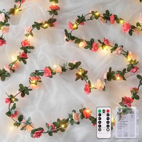 JMEXSUSS Rose Pink Flower Lights, 48 LED 15.75 FT, Warm White by JMEXSUSS