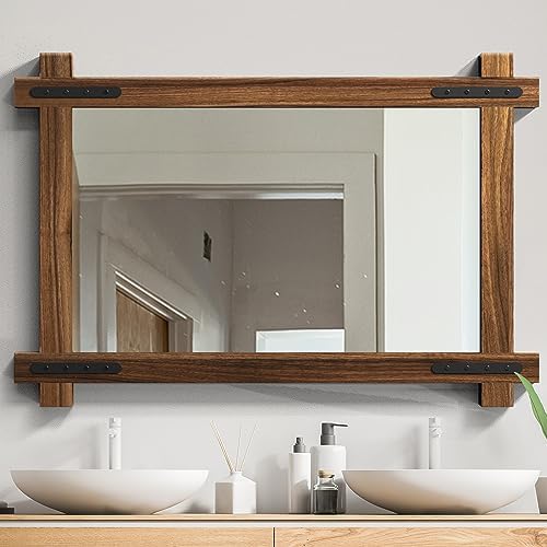 YOSHOOT Farmhouse Wood Bathroom Mirror, Round Corner Vanity Mirror by YOSHOOT