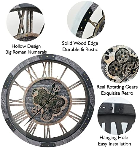 24" Large Wall Clock with Moving Gears, Oversize Vintage Industrial Rustic - Image 4