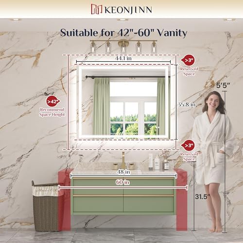 Keonjinn 44" x 36" Bathroom LED Mirror, Safe Tempered Glass, French Cleat - Image 2
