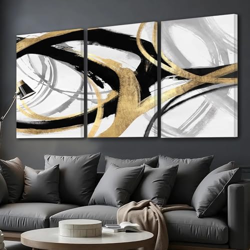 DUWQU Triptych Black Gold White abstract Lines Canvas Wall Art 24x36 in x3 - Image 2