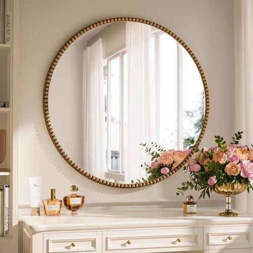 28'' Round Mirror, Beaded Circle Decorative Wall Mirror by Unknown