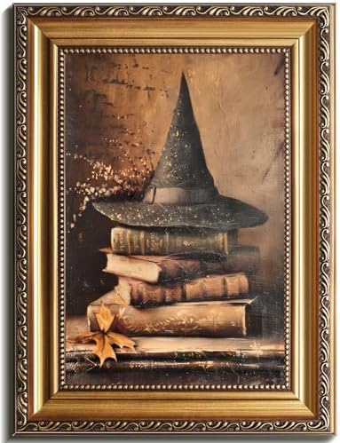 uniro Vintage Gold Framed Wall Art, Vintage Witch Hat Books Halloween Painting by uniro