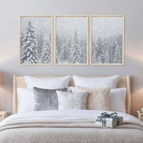 Snowy Christmas Tree Natural Woodland Framed Canvas Wall Art Set- 16"x24"x3 - Image 4