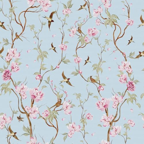 Peel and Stick Wallpaper Light Blue Vintage Floral & Birds Self Adhesive by NEWARRIVALS
