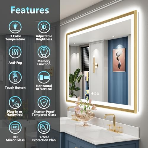 50x36 Gold Beveled LED Lighted Bathroom Mirror, Backlit & Front Lit - Image 2