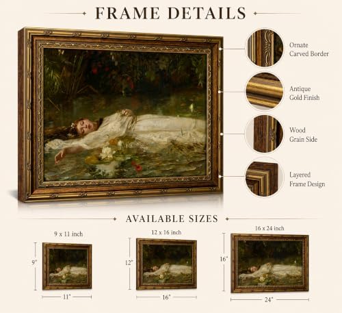 Vintage Gold Framed Ophelia Canvas Wall Art Gothic Dark Academia Pond Lotus - Image 2