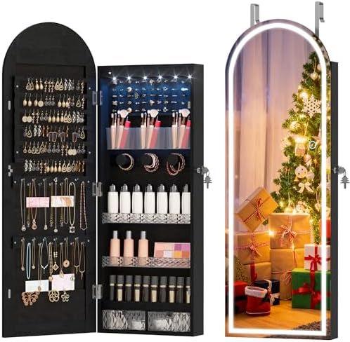 LVSOMT Arched Lighted Mirror Jewelry Cabinet, Wall/Door Mount Jewelry Armoire by DecorateHomeatEase