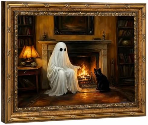 Vintage Gold Framed Ghosts and Black Cat Halloween Wall Art 12x16Inch by QWETYY666WallArt