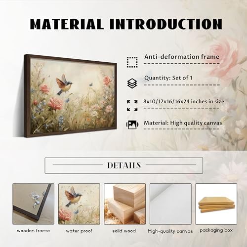 Vintage French Framed Wall Art, Wildflower Meadow Bird Canvas Prints - Image 5